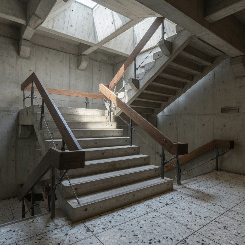 At the heart of a restrained Brutalist museum, a folded concrete stair rises beside smoked-oak handrails and terrazzo landings; skylight washes the treads, seen from the lower landing, with aligned flights and believable supports. — Grok Imagine Image Quality