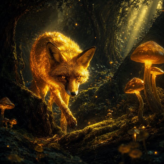 A cunning fox with fur like molten gold cautiously steps through a dense, ancient forest. Shafts of light pierce the canopy, illuminating dust motes dancing in the air. Strange, glowing mushrooms cast an otherworldly light on the moss-covered ground. The style is a blend of dark fantasy illustration and hyperrealism, with a focus on dramatic, cinematic lighting. — GPT Image 2