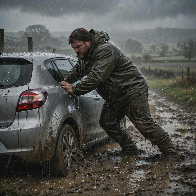 A man is pushing his car, which is stuck in the mud, amid heavy rain in the countryside. The sky is gloomy, and some hail is also falling on the car and the ground. The big man has mud all over his trousers. Show him struggling. — Muse Image 1.0