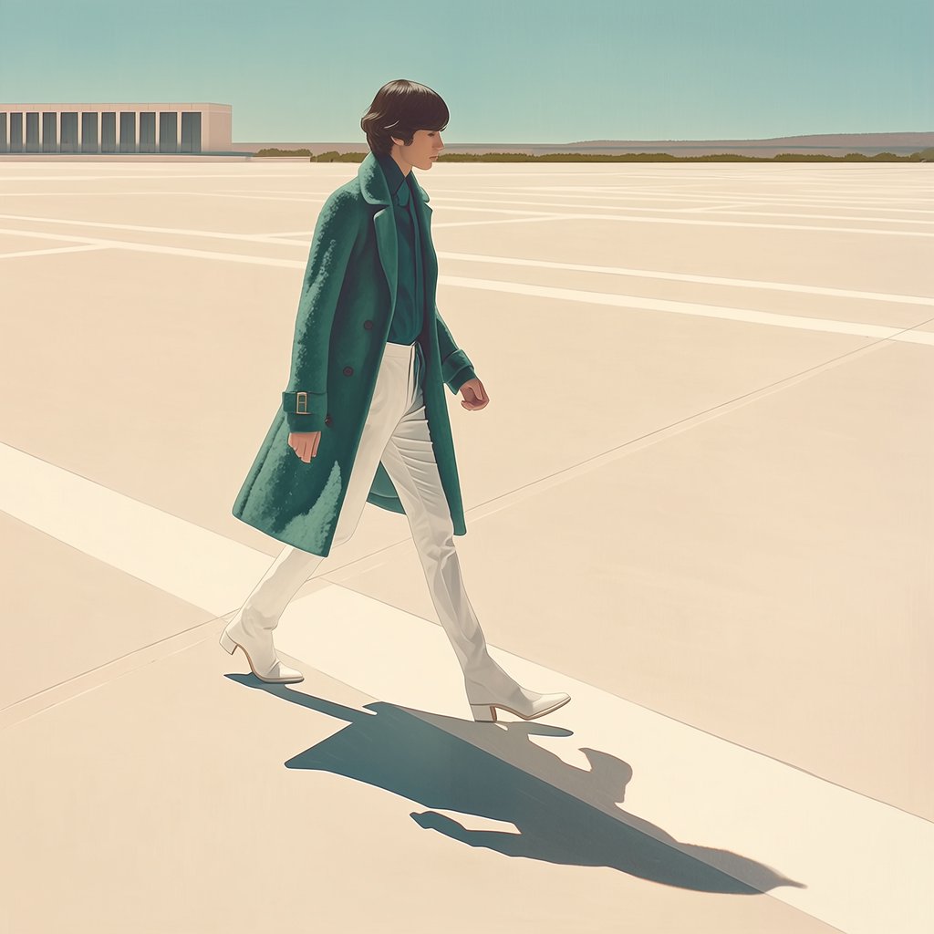 Full-length fashion editorial: model in a structured emerald wool coat and white trousers walking across a wide empty plaza, harsh midday sun, long shadow. — Midjourney Niji 7