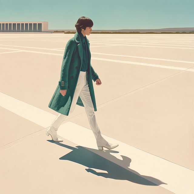 Full-length fashion editorial: model in a structured emerald wool coat and white trousers walking across a wide empty plaza, harsh midday sun, long shadow. — Midjourney Niji 7