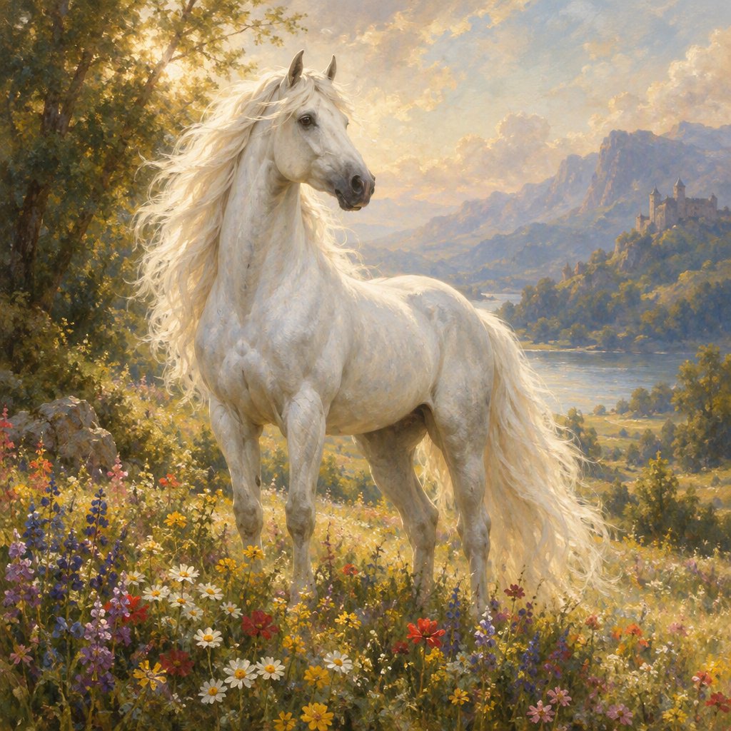a regal white horse with a flowing mane, standing in a sun-dappled meadow filled with vibrant wildflowers. Gentle light illuminates the scene, highlighting the horse's powerful physique and the delicate details of the flowers. The style is reminiscent of Romantic era landscape paintings with a soft, impressionistic touch. — GPT Image 2.5 Flare