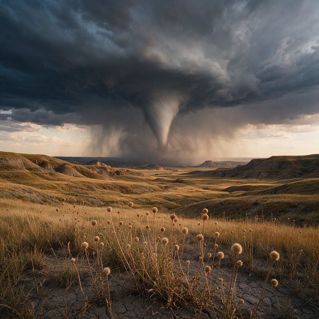 Across a tawny prairie basin, a rotating thunderstorm gathers in the late afternoon beneath bruised clouds, rain veiling distant buttes; seed heads and cracked earth in the foreground contrast with ridges softened by the advancing downpour. — Seedream 5.0 Pro