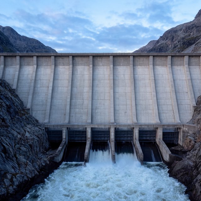 A broad hydroelectric dam in contemporary Brutalist engineering style spans a rocky gorge, its pale concrete face anchored by dark basalt abutments and steel gates; cool dawn light, viewed from downstream, with convincing load-bearing geometry. — Model 11