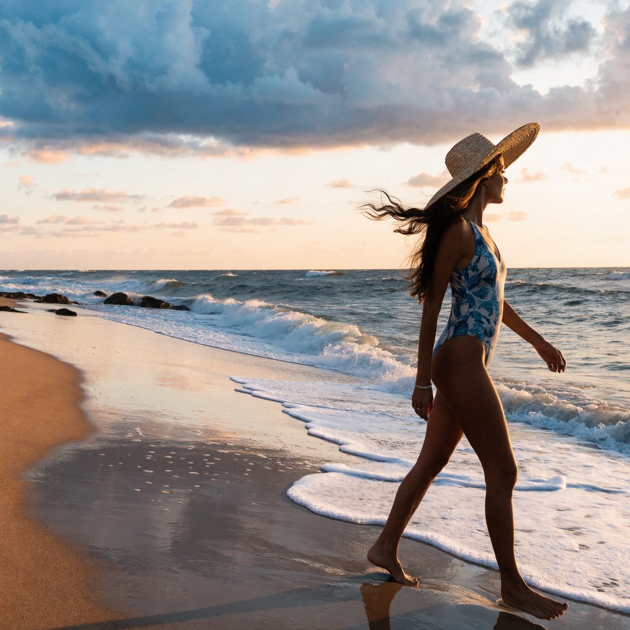 Editorial beach photo of an adult woman in a one-piece swimsuit and a wide straw hat walking along the waterline at sunset, wind in her hair. — Recraft v4 Pro