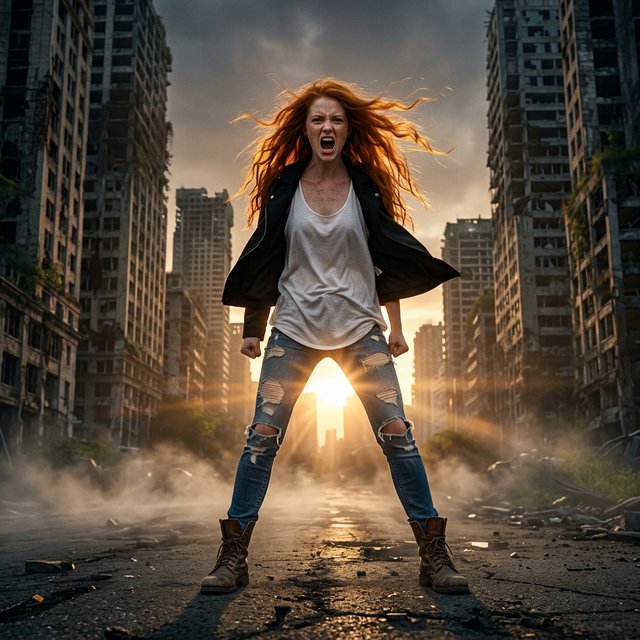 Fantasy fashion mood establishing image of a young woman on an endless street in a pose. Shot on a full-frame camera with an ultra-wide lens at f/2.0, from a very low perspective with a big up-tilt. The woman is centered in the mid-lower third of the frame. Woman: 22 years old, fair skin with slight freckles on her cheeks and nose, orange, messy, very long hair flying in the wind. Dressed in a pair of ripped blue slim jeans, a white baggy tank top, and a black short-waisted jacket moving in the wind; on her feet, you see a pair of old brown leather army boots. Background: an endless street in a post-apocalyptic metropolitan city with huge, destroyed high-rise buildings. There is a slight static fog in the air that is only moving at the woman's feet. Lighting: sunset, with the sun directly behind the woman, creating sunbeams crossing the fog and a soft, warm rim light on her body and flying hair. Pose: the woman is in a full-frontal, wide stance with her feet shoulder-width apart, screaming angrily at what's coming. — Model 13