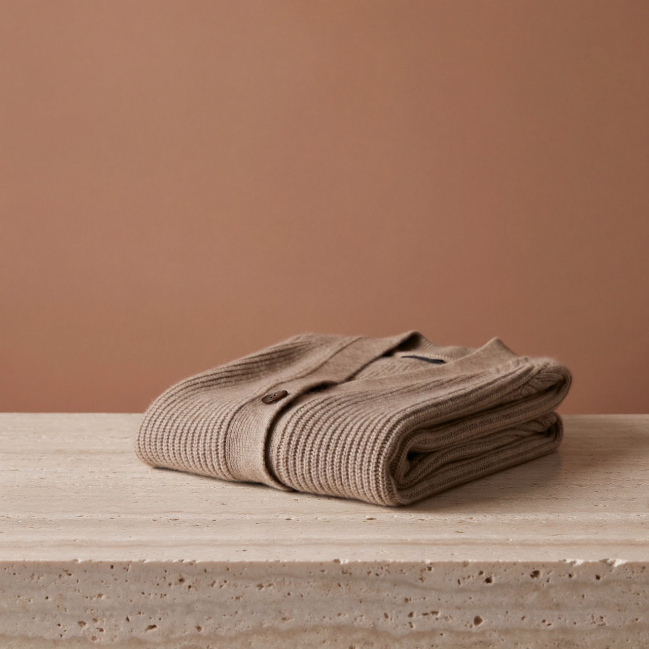 A folded unbranded merino cardigan rests on a honed limestone plinth, its chunky ribbed wool surface softly catching broad overhead diffusion and warm side bounce against a muted clay backdrop, with no tags, lettering, or graphics. — ImagineArt 2