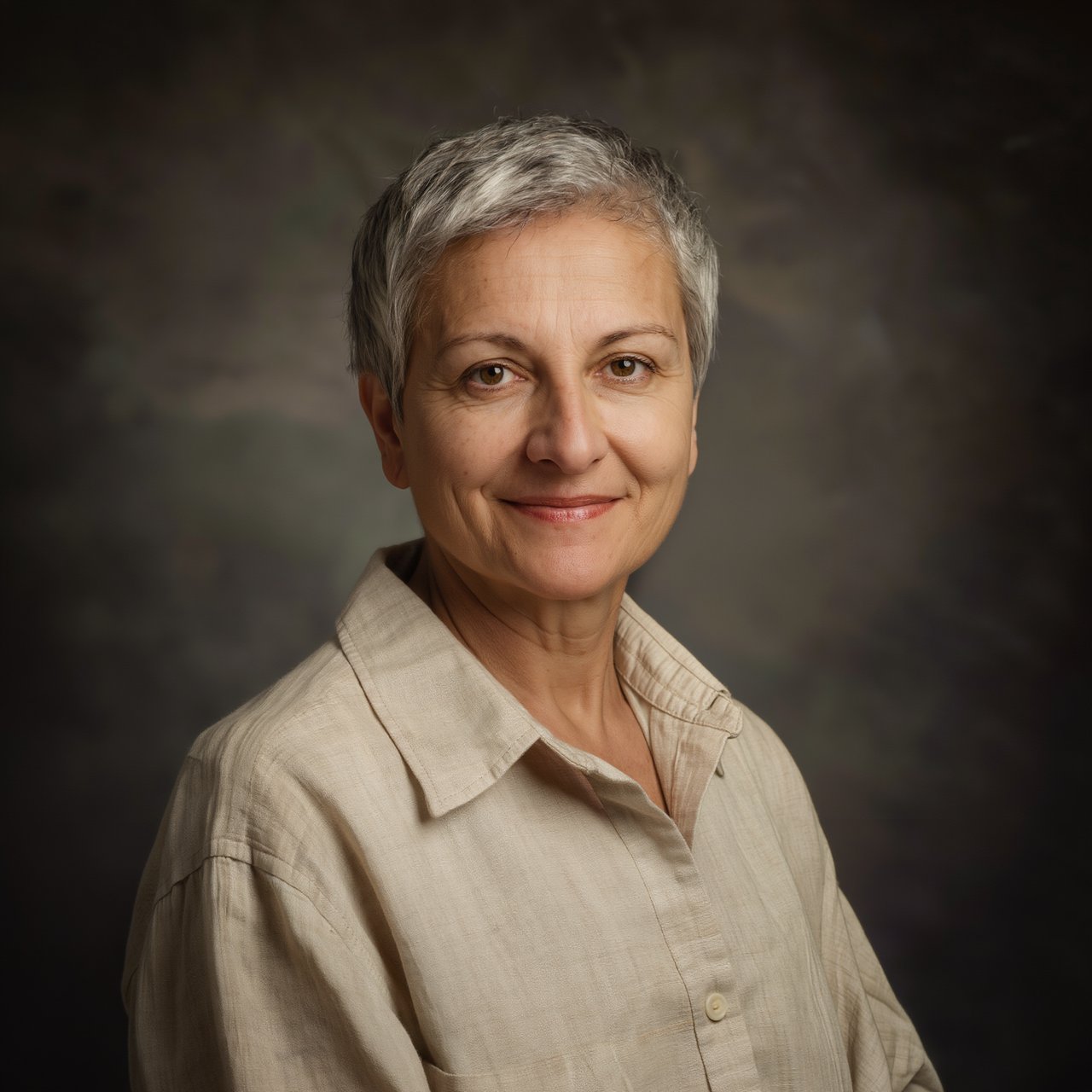 Studio portrait of a woman in her 40s with short grey hair and a linen shirt, Rembrandt lighting, neutral grey backdrop, slight smile. — Kling v3