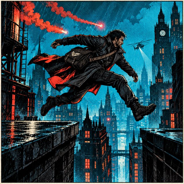 An adult rooftop courier vaults between rain-dark towers, coat snapping as signal flares streak behind; bold ink comic-panel illustration with dense halftone shadows, palette of electric cyan, vermilion, charcoal, and cream, no speech bubbles. — GPT Image 2.5 Flare