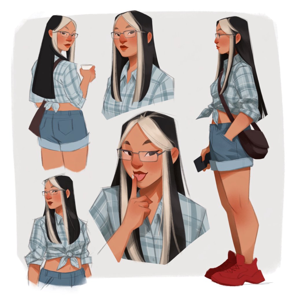 Character exploration sheet of the same woman: several bust and waist-up studies with varied expressions and 3/4 views, including one from behind, glancing over her shoulder at the viewer; one larger central portrait; and one full-length figure at the side, spanning the image height. Plain light-gray background with irregular painted edges. Character: 25-year-old Korean woman with long straight black hair and two platinum face-framing streaks from roots to ends, glasses, tipped almond eyes, Asian skin tone, plaid button-up tied at the waist, cuffed denim shorts, chunky red sneakers. Style: stylized semi-realistic digital painting; animation-inspired proportions, large eyes, strong brows, simplified but solid anatomy, painterly shape-based rendering, minimal linework, soft facial shading, angular clothing brushwork, warm luminous skin with peach/terracotta undertones and rosy cheeks/nose, sculpted hair, muted charcoal/earth palette, soft studio light, loose unfinished edges. — Krea 2 Medium