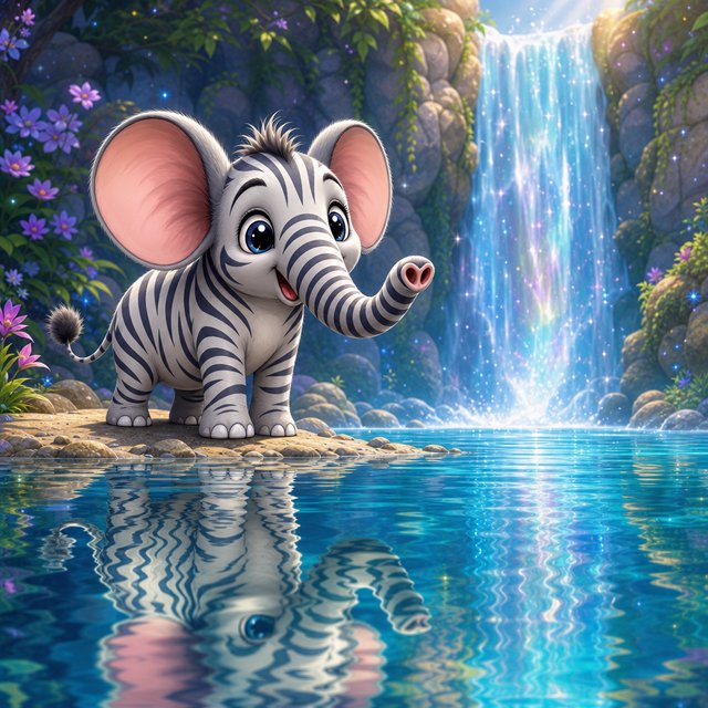 An adorable animal in a cartoon illustration, a cross between an elephant, a zebra, and a mouse. On the shore at the base of a magical waterfall flowing into a crystal-blue pond. Ripples create a wavy reflection in the water. — GPT Image 2