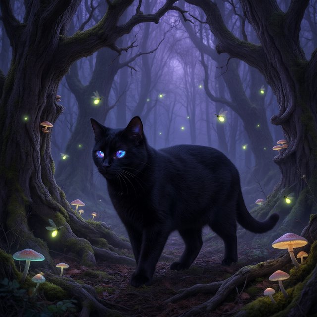 A sleek, obsidian cat with fur that seems to absorb all light, walks with quiet grace through a tranquil, mist-shrouded forest. Its eyes glow with an inner cosmic energy, reflecting distant nebulae. Ethereal fireflies drift around it, illuminating ancient, gnarled trees and glowing mushrooms. The style is deeply atmospheric, emphasizing soft focus and a palette of deep purples and blues. — Qwen Image 3.0