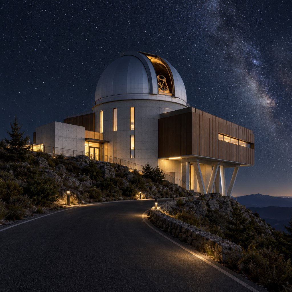 A hilltop observatory in spare contemporary architecture glows against the midnight sky, its pale concrete walls, bronze panels, and narrow windows lit from within; viewed from the access road, crisp edges and credible structural supports. — GPT Image 2.5 Flare