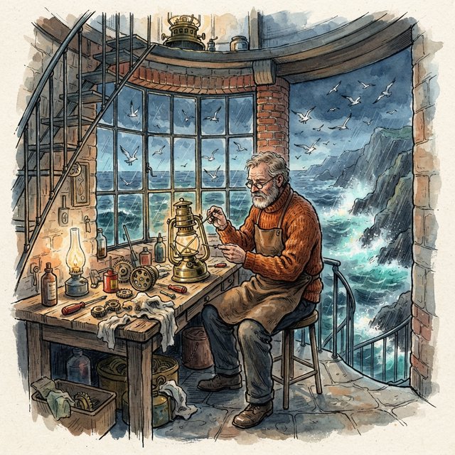 Ink-and-watercolour illustration of an adult lighthouse keeper repairing a brass lantern inside a windswept cliff tower, gulls circling beyond the window and sea spray glowing below. Palette of navy, rust, seafoam, and warm ivory, with expressive linework. — Nano Banana 2 Lite