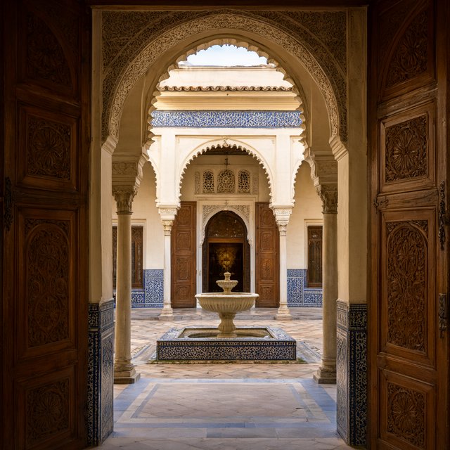 From a shaded courtyard entrance, Moorish Revival residences enclose a tiled fountain court, with cream stucco, carved cedar doors, and blue ceramic bands; late sunlight filters through arcades, revealing aligned walls and credible supports. — Qwen Image 3.0 Pro