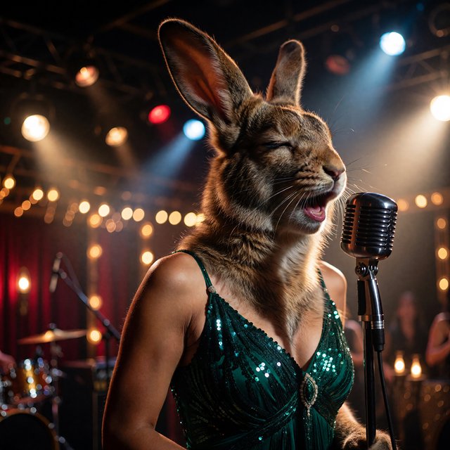 Anthropomorphic rabbit-human hybrid. No human ears visible; the areas where ears would normally be are covered by rabbit fur. A pulchritudinous East Asian 32-year-old wearing a luxurious flapper dress with a deep V split down the center, standing on stage behind a luxurious retro microphone, singing her heart out into it. Taken with a professional DSLR camera and a 35mm lens. Background bokeh, stage lights with a bloom effect. — ImagineArt 1.5 Pro