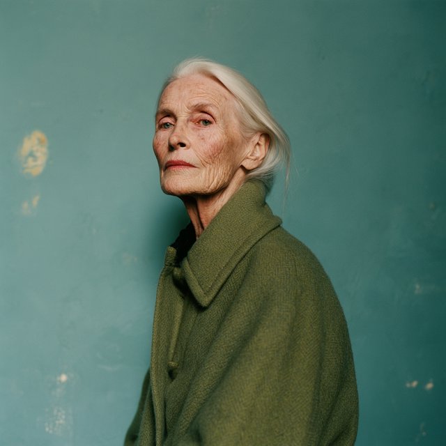 Beside a faded teal studio wall, a close-up fashion portrait frames an adult woman aged 68–76, her weathered skin softly detailed; she wears a moss-green wool coat and holds a calm, searching gaze in gentle side light. — Model 13