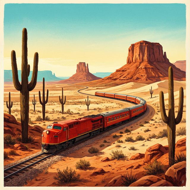 At dawn, a scarlet desert train curves past saguaro silhouettes toward a mesa; screen-printed gouache illustration in mid-century travel-poster style, palette of rust, turquoise, sand, and cream, no lettering. — Qwen Image 3.0 Pro
