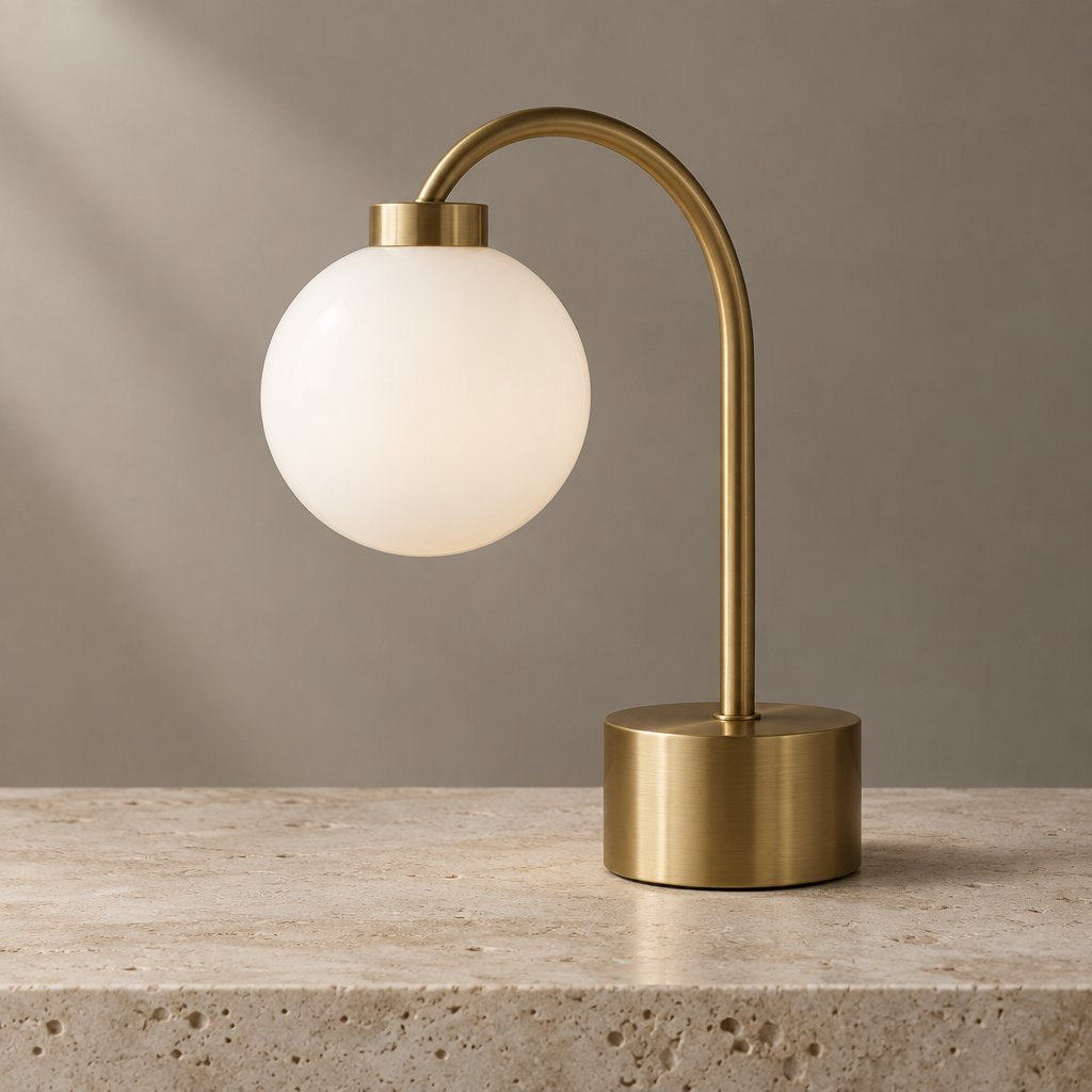 Commercial product photograph of an unbranded sculptural desk lamp made from brushed brass and opal glass, resting on pale travertine, against a warm gray background, with soft diffused light from upper left and gentle grounding shadow. — GPT Image 2.5 Flare