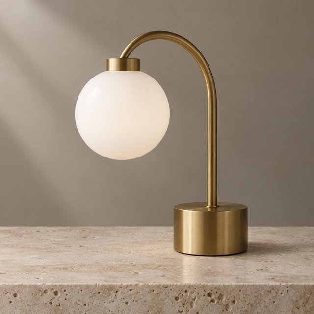 Commercial product photograph of an unbranded sculptural desk lamp made from brushed brass and opal glass, resting on pale travertine, against a warm gray background, with soft diffused light from upper left and gentle grounding shadow. — GPT Image 2.5 Flare