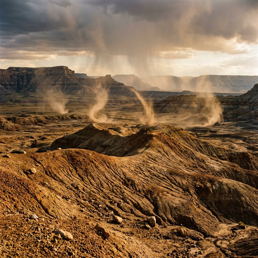 Wind-driven dust devils spiral across ochre badlands beneath a storm-clearing late-afternoon sky; pebble-studded clay ridges and tiny erosion grooves sharpen nearby, while layered mesas recede through veils of rain. — Nano Banana 2.1