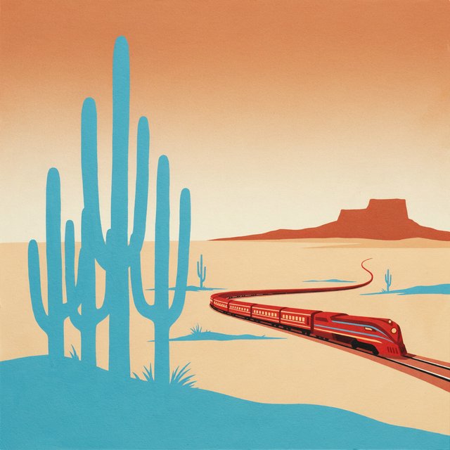 At dawn, a scarlet desert train curves past saguaro silhouettes toward a mesa; screen-printed gouache illustration in mid-century travel-poster style, palette of rust, turquoise, sand, and cream, no lettering. — Ideogram v4.5