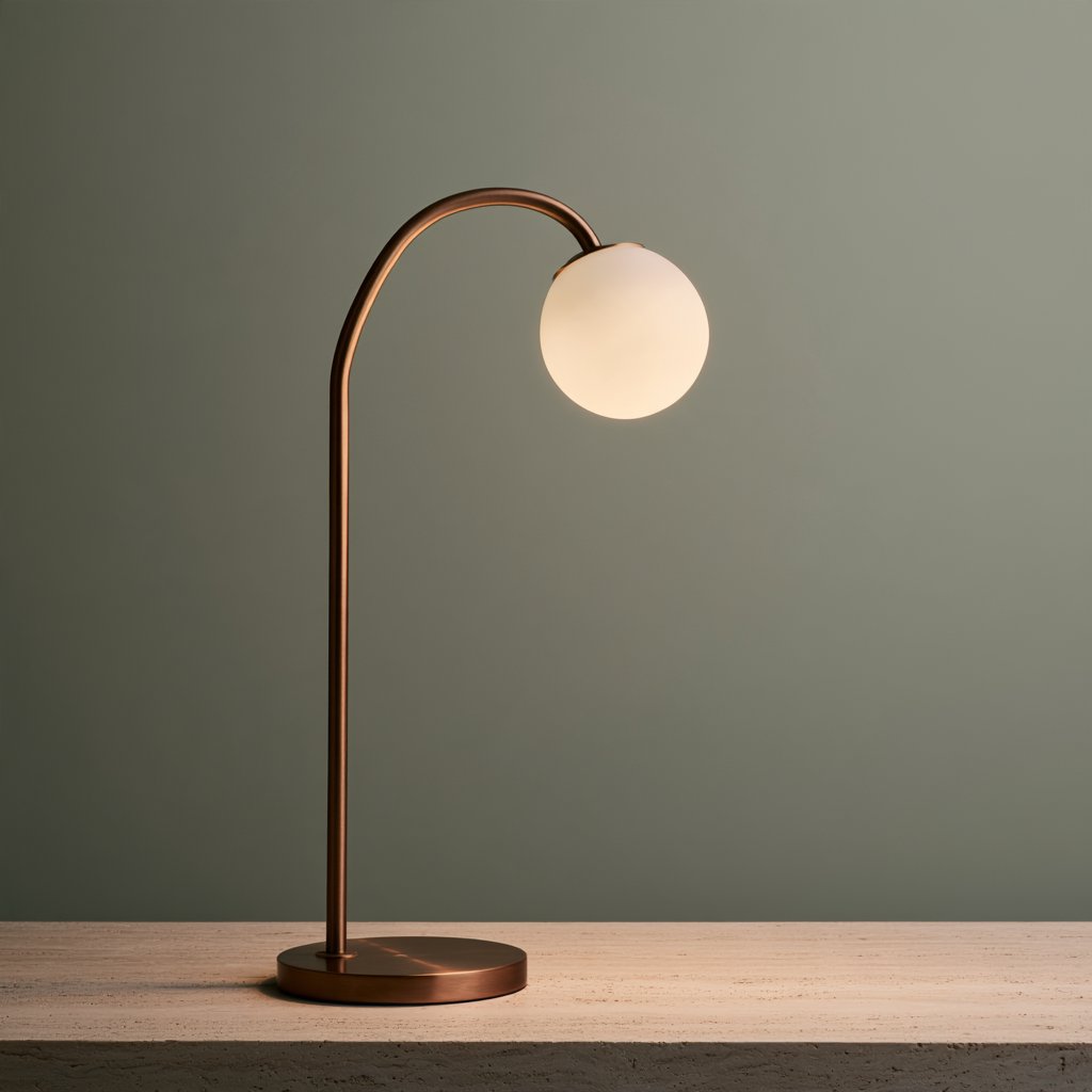 Commercial product photograph of an unbranded sculptural desk lamp with a frosted opal glass globe and brushed copper stem, standing on a pale travertine surface against a muted sage background, illuminated by soft overhead diffusion and a delicate warm rim light. — Midjourney V8.2