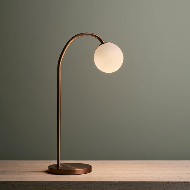 Commercial product photograph of an unbranded sculptural desk lamp with a frosted opal glass globe and brushed copper stem, standing on a pale travertine surface against a muted sage background, illuminated by soft overhead diffusion and a delicate warm rim light. — Midjourney V8.2