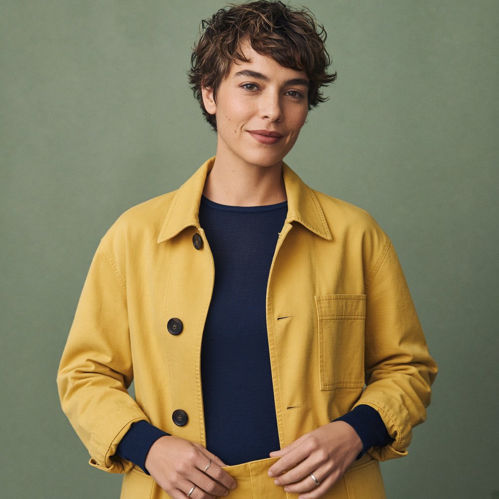 Fashion portrait of an adult nonbinary person in their late twenties wearing a structured saffron-yellow canvas jacket over a fine-gauge navy merino top, hands resting on the jacket hem. Their bright, self-assured expression contrasts with a softly lit sage-green backdrop. — Grok Imagine Image 2