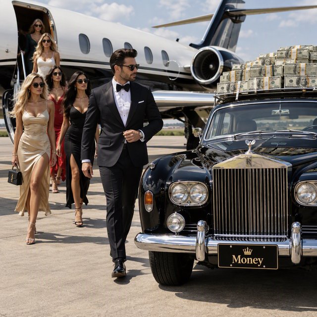 A man dressed in very nice formal clothes is getting off a private black-and-white plane. Many beautiful adult women in dresses are following the man. The man is heading toward a very high-end classic black car. The word "Money" is on the car's license plate. On top of the car is a ton of money. It is the afternoon. The vibe is cool and rich. — GPT Image 2.5 Flare