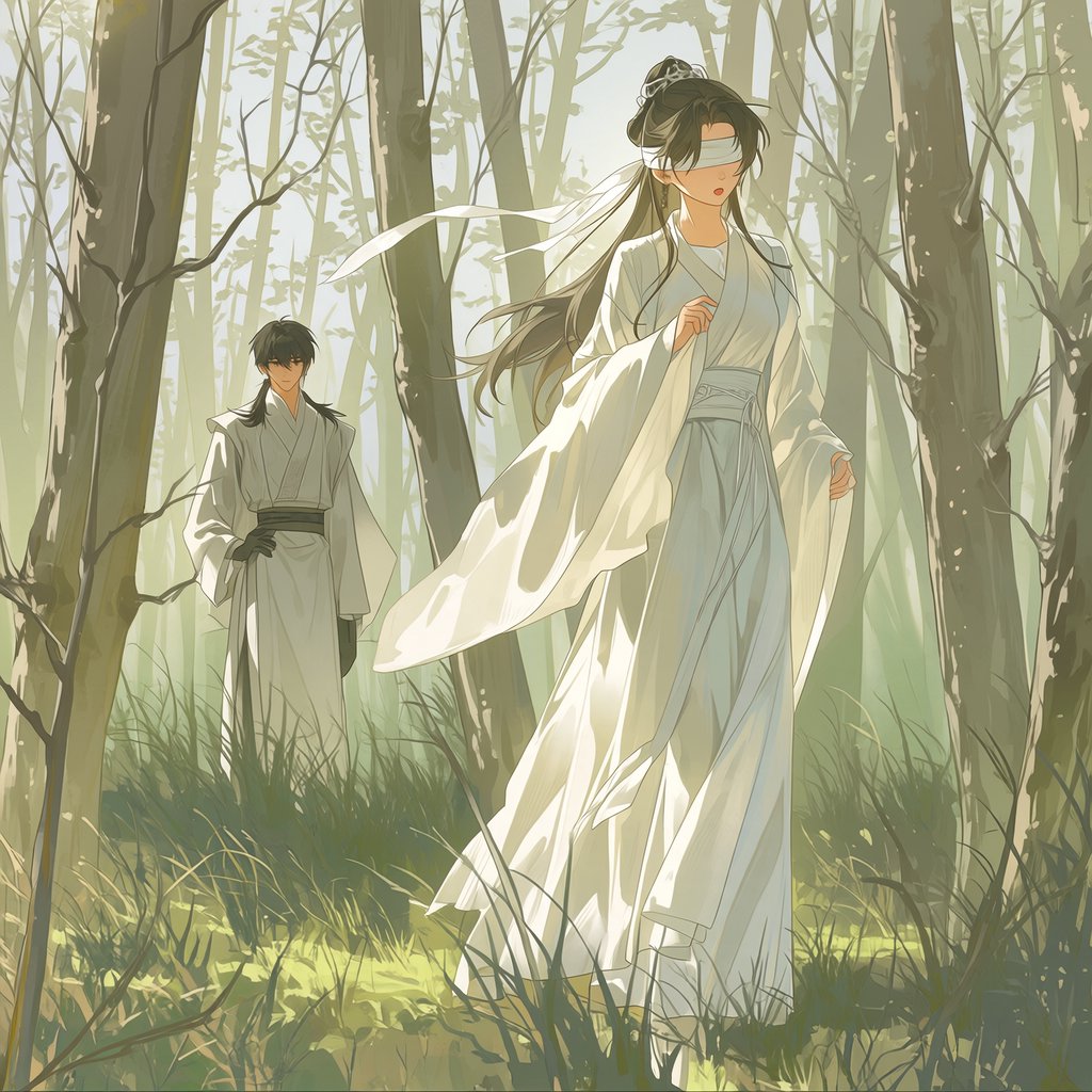 A beautiful young adult woman in flowing white hanfu stands quietly in a sparse forest, blindfolded with a soft white cloth. Grass surrounds her feet, and the scene feels calm, mysterious, and poetic. A few steps behind her stands a young adult male Taoist in traditional robes, gazing at her with a mesmerized, captivated expression. Gentle natural light filters through the thin trees, creating an ethereal atmosphere. Cinematic, elegant, emotionally evocative. — Midjourney Niji 7