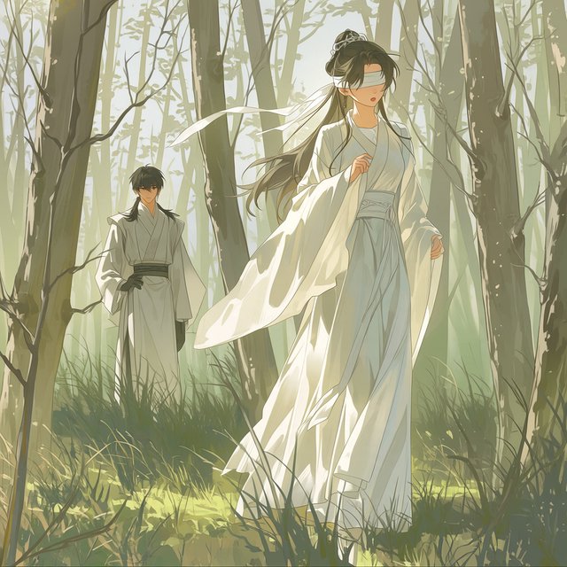 A beautiful young adult woman in flowing white hanfu stands quietly in a sparse forest, blindfolded with a soft white cloth. Grass surrounds her feet, and the scene feels calm, mysterious, and poetic. A few steps behind her stands a young adult male Taoist in traditional robes, gazing at her with a mesmerized, captivated expression. Gentle natural light filters through the thin trees, creating an ethereal atmosphere. Cinematic, elegant, emotionally evocative. — Midjourney Niji 7