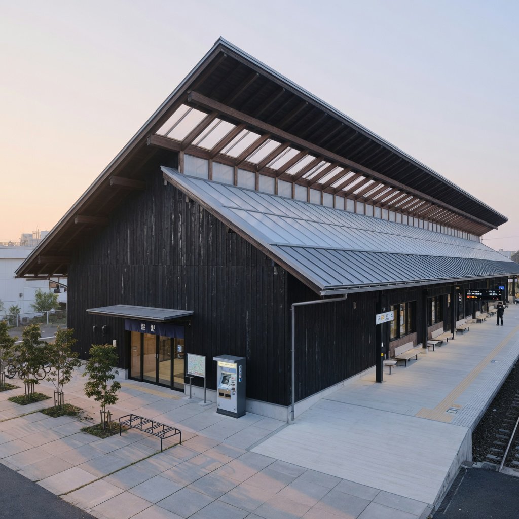 Contemporary Japanese timber train station, charred cedar cladding, pale concrete platform, broad pitched roof with exposed beams and translucent clerestories, cool morning light, viewed obliquely from the quiet approach plaza, precise straight lines and plausible structure. — Grok Imagine Image Quality