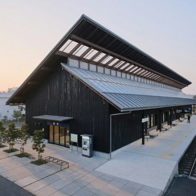 Contemporary Japanese timber train station, charred cedar cladding, pale concrete platform, broad pitched roof with exposed beams and translucent clerestories, cool morning light, viewed obliquely from the quiet approach plaza, precise straight lines and plausible structure. — Grok Imagine Image Quality