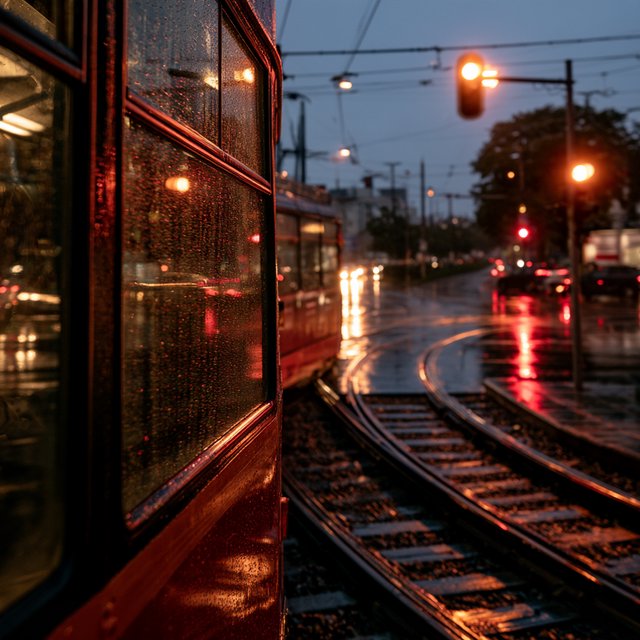 At a rain-darkened intersection, a tram grinds through a curve, its steel wheels shining beneath amber signal glow. A street-level news photo, shot on a 35mm lens with moderate depth of field, catches beads of water on the windows and slight wheel blur. — Midjourney V8.2