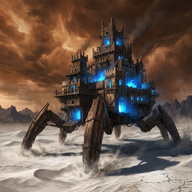 A colossal walking citadel crosses a salt desert, its ironwood legs striding through windblown dunes beneath a copper storm. Blue furnace light leaks from carved windows, casting a long shadow toward distant mountains. — Nano Banana 2.1