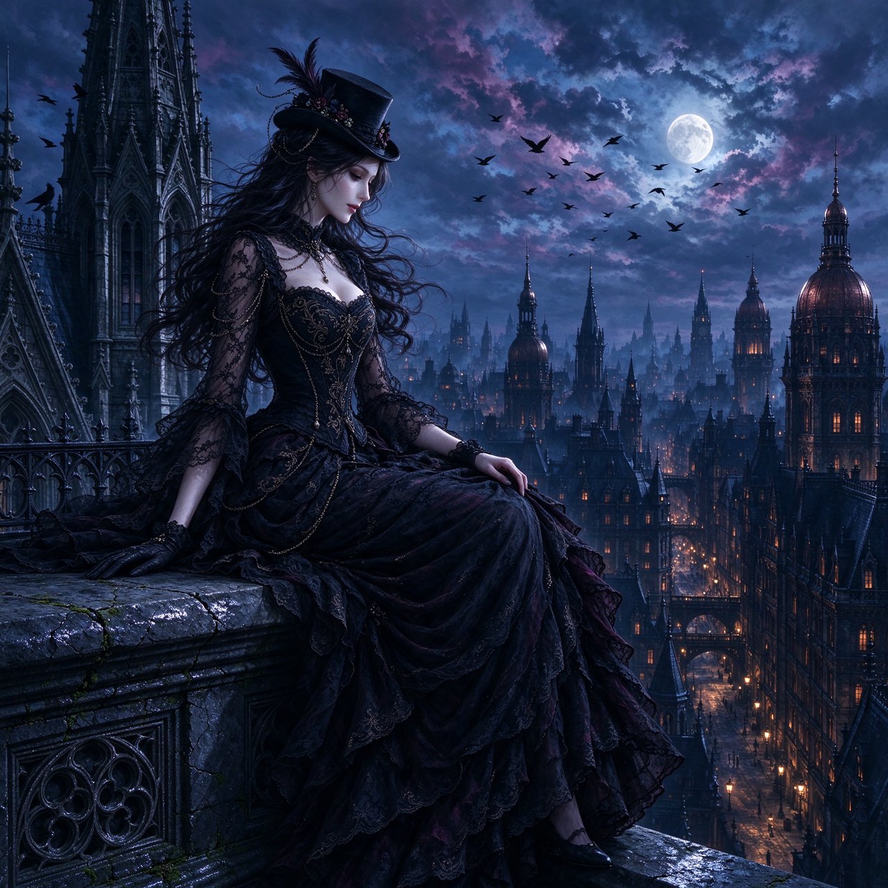 A whimsical gothic woman sitting on a ledge overlooking the city. — Seedream 5.0 Flash