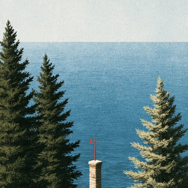 At a coastal overlook, a small red weather vane stands on a stone post. Exactly two dark-green pine trees line the left edge and one pale-green pine tree stands at the right edge; a blue sea fills the background, nothing else. — Model 13