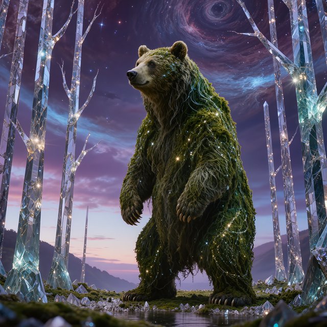 A colossal ancient bear, its fur woven with moss and starlight, stands at the edge of a shimmering, otherworldly forest. The trees are made of crystal and emit a soft, ethereal glow. In the distance, a nebula swirls in the twilight sky. The scene is rendered in a fantasy art style, with surrealist elements and cinematic lighting that emphasizes the majestic scale of nature. — Kling v3