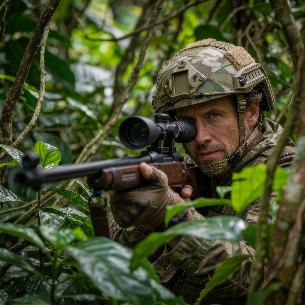 An adult sniper concealed in dense jungle foliage, aiming at a distant target, with a close-up view of his focused face. — Kling v3 Omni