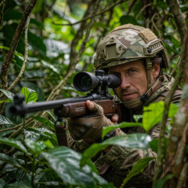 An adult sniper concealed in dense jungle foliage, aiming at a distant target, with a close-up view of his focused face. — Model 8
