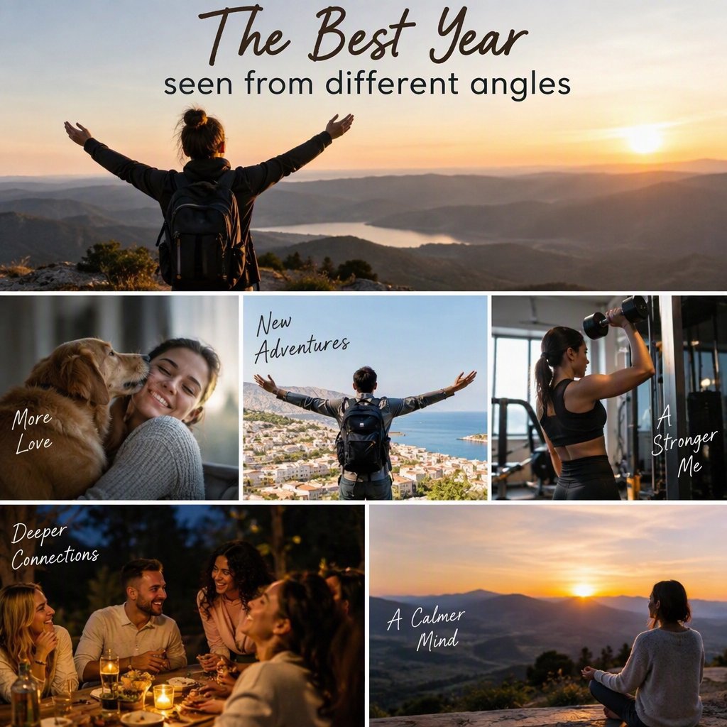 A realistic image where the theme is all about people having the best year ever. 4–6 moments seen from different angles. At the top it says, "The Best Year seen from different angles". — GPT Image 2.5 Sunburst