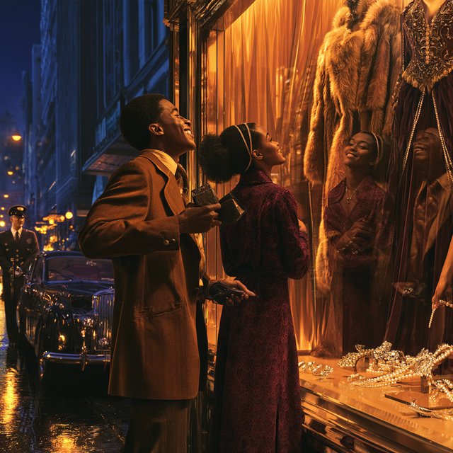 Cinematic city scene at night, with the glamour of 1970s soul romance. In the foreground, a young Black man in a modest brown wide-lapel suit smiles at his adult beloved, playfully turning out his empty trouser pocket while holding an almost-empty wallet. His adult girlfriend wears a burgundy patterned dress and delicate hairband; she holds his arm and gazes at him lovingly, unconcerned by his lack of money. Beside them, a grand department-store window glows amber, displaying a luxurious fur coat, regal evening gown, diamond rings and strings of pearls. In the glass, their reflections appear elegantly dressed, hinting at the lavish life he dreams of giving her. A polished black limousine waits at the curb beside a uniformed chauffeur. Wet pavement mirrors golden lights; deep blue city buildings balance the amber, cream and burgundy palette. Warm, joyful, sincere mood; realistic faces and hands, detailed fabrics and reflections. No text, borders or collage. — Midjourney V8.2