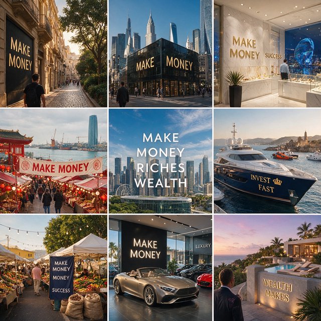Messages and words related to making a ton of money, hidden in plain sight around the world. — Seedream 5.0 Pro