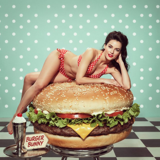 A 1950s pin-up-style photo of a bikini-clad woman sitting on a giant hamburger. — Ideogram v4