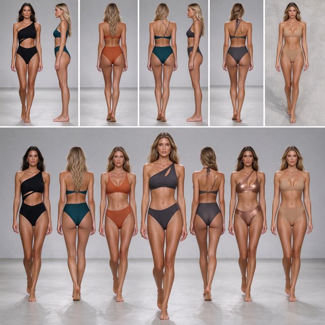 Realistic adult female models on the runway in beachwear. 4–7 models. Full front, back, side, and aerial views. — Model 14