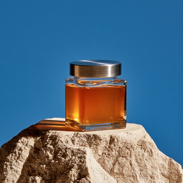 A squat unbranded honey jar with clear glass walls and a plain brushed-aluminum lid rests on honed pale limestone; broad diffused key light and warm rim light shape the commercial product image against a seamless cobalt-blue background, with no lettering. — Model 13