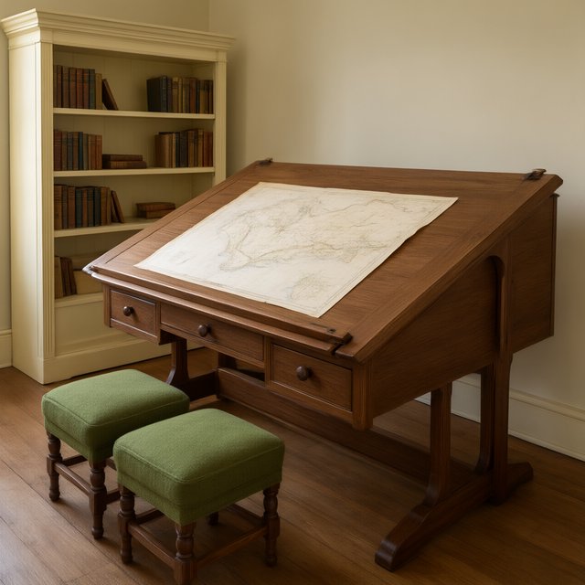 A quiet mapmaking room contains exactly one walnut drafting desk at the center, two moss-green stools side by side along its west edge, and one cream bookcase against the north wall; pale morning light, nothing else. — Qwen Image 3.0