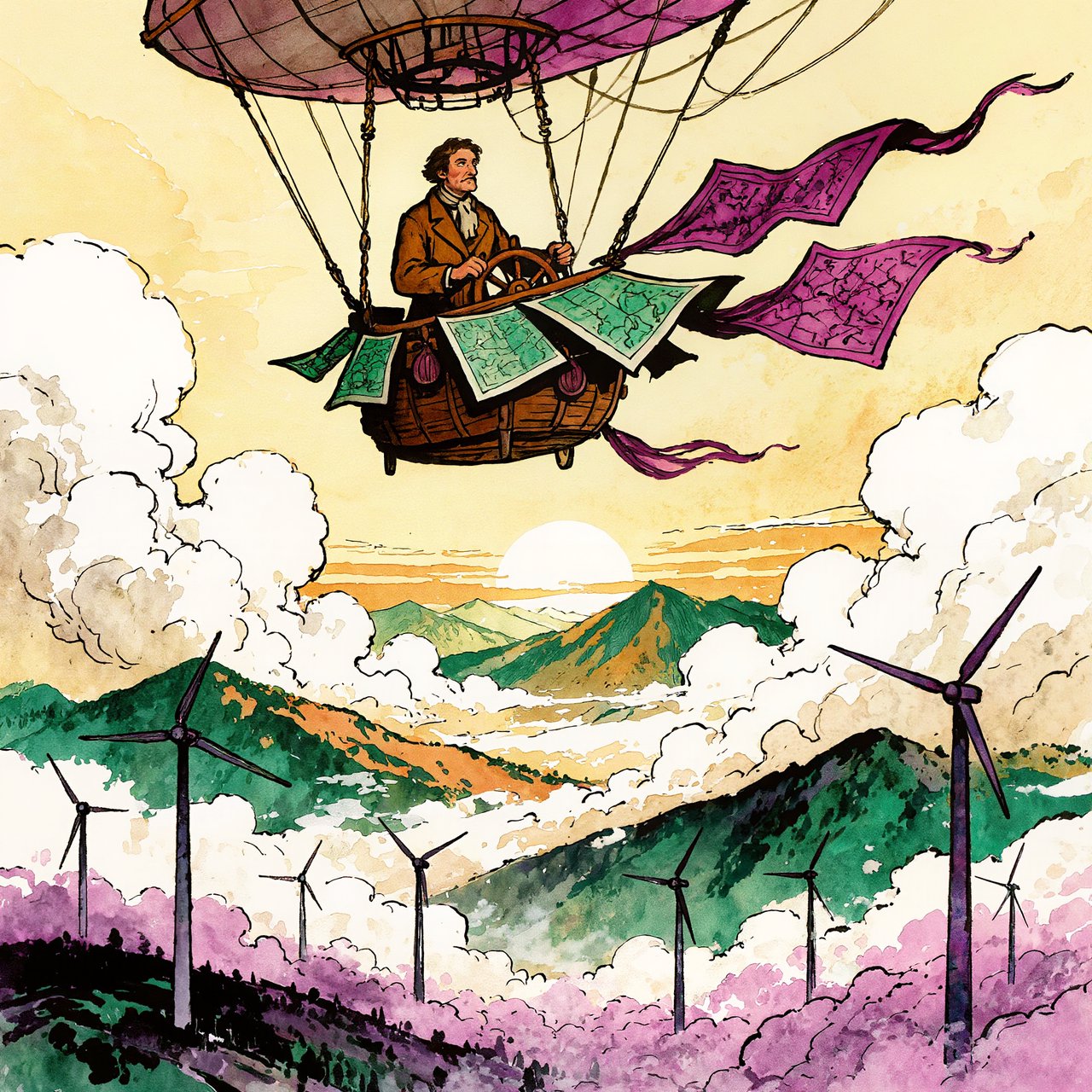 Ink-and-gouache illustration of an adult cartographer steering a small airship above a cloud-filled mountain valley, maps fluttering from the cabin and wind turbines turning below. Palette of emerald, ochre, plum, and cream, with lively linework and atmospheric washes. — Kling v3