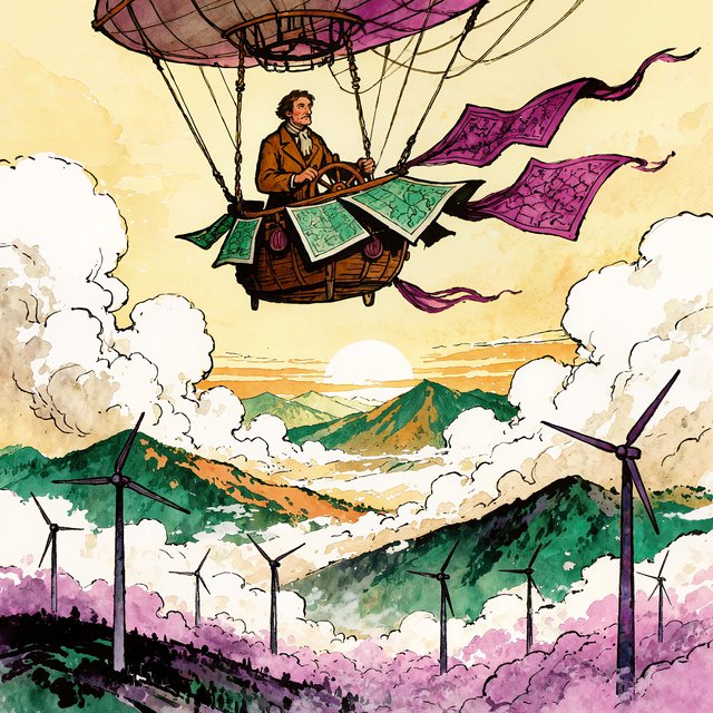Ink-and-gouache illustration of an adult cartographer steering a small airship above a cloud-filled mountain valley, maps fluttering from the cabin and wind turbines turning below. Palette of emerald, ochre, plum, and cream, with lively linework and atmospheric washes. — Kling v3